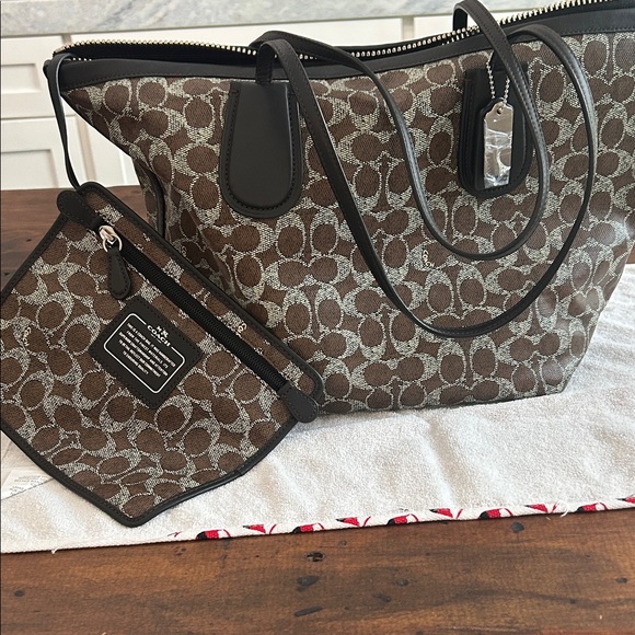 Coach Handbags - Coach Brown Signature Canvas Tote with Dark Trim and Pouch